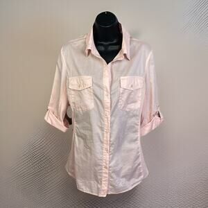 Norma Kamali Button Up Top Women’s L Tab Sleeves Pink Quiet Luxury Old Money